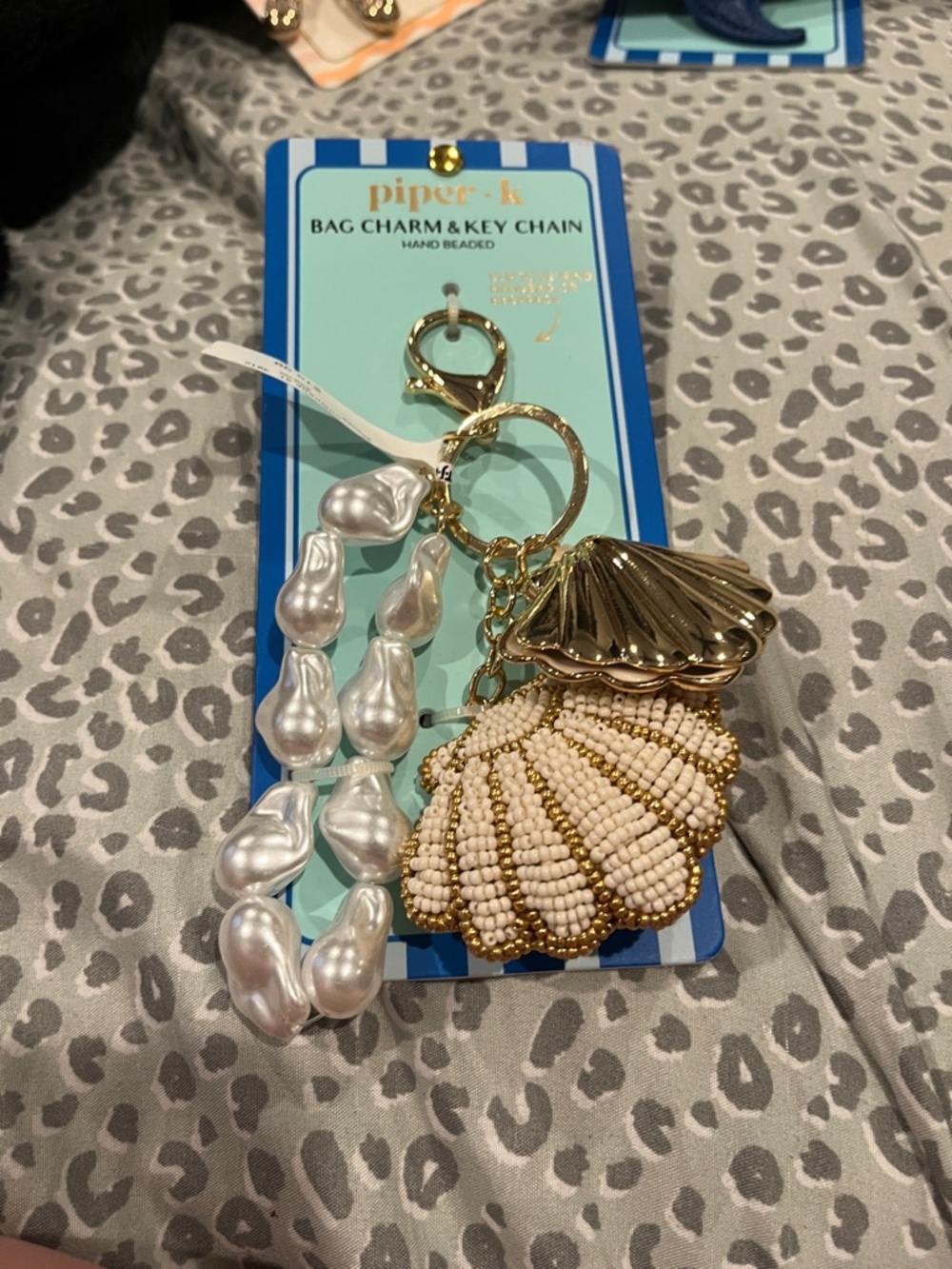 Beaded Shell & Pearl Bag Charm Key Chain